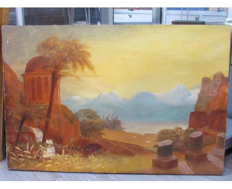 A 19th Century unframed oil on canvas depicting Architectural Cappriccio unsigned work, 51cm x 76cm