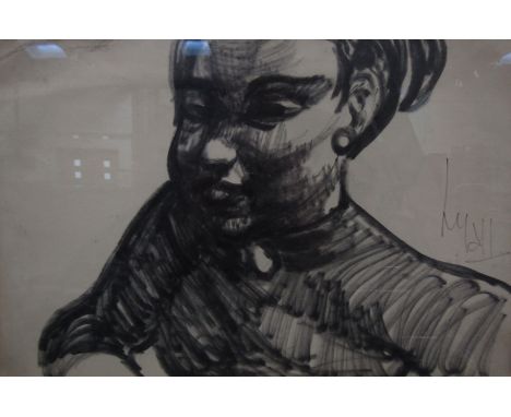 LYALL WATSON (1908-1994) A framed and glazed pen, charcoal and watercolour portrait of a young woman, signed bottom left 44.5