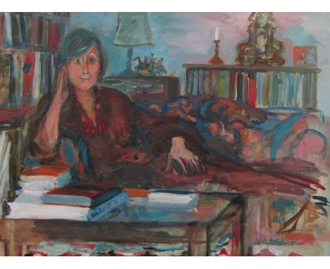 ISHBEL McWHIRTER (b.1927): A gilt framed oil on canvas "Senta Marnau" - portrait reclining lady in interior setting.  Signed 