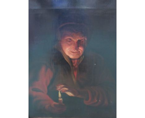 An 18th Century oil on canvas portrait of an elderly woman holding a candle, in the manner of Rubens 'Old Woman and boy with 