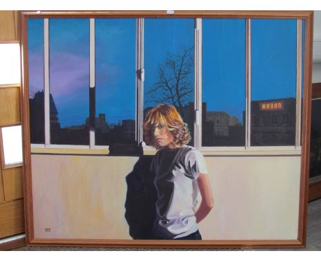 DAVID CHEDGEY (b.1940): A framed acrylic on board, portrait of a young woman with buildings beyond.  Signed bottom left and d