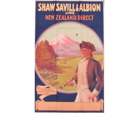 SHAW SAVILL AND ALBION LINE NEW ZEALAND DIRECT: An original 1930's cruise liner poster with three quater length portrait of c