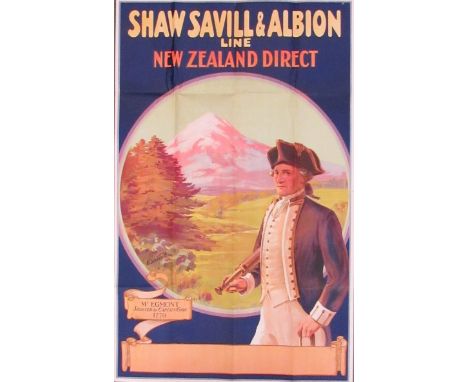 SHAW SAVILL AND ALBION LINE NEW ZEALAND DIRECT: An original 1930's cruise liner poster with three quater length portrait of c