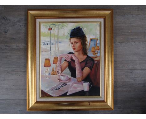 A late 20th Century oil on canvas portrait of a lady in a Parisian cafe. Unsigned work. 50cm x 40cm 