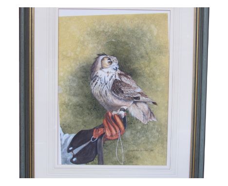 CHRISTOPHER SCALES (XX) : Owl with handler, watercolour dated 1993. 45cm x 31cm  
