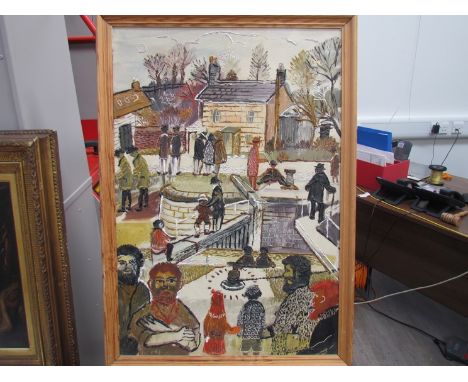 FRED YATES (1922-2008): A framed oil on board, "Canal Side", figures by a Lock gate. 89cm x 61cm.  (Purchased W.H. Lane Feb 2