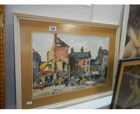 A framed and glazed water-colour street scene signed D Bosher R I. COLLECT ONLY.