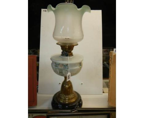 A Victorian oil lamp with painted glass font and later shade, COLLECT ONLY.