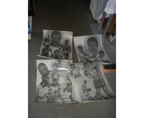 Four boxing champions print including Mohamed Ali, all with stamps, COLLECT ONLY.All A3