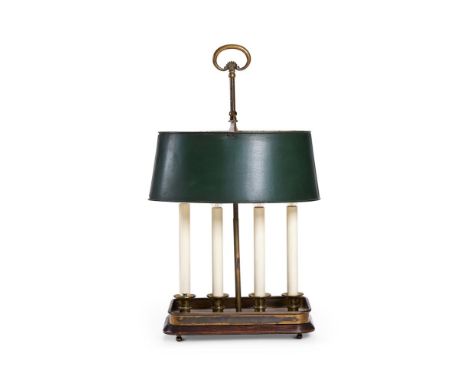 A LOUIS XVI STYLE BRASS AND TOLE FOUR LIGHT BOUILLOTTE LAMP  LATE 19TH CENTURY AND LATER  Green tole shade above brass base, 