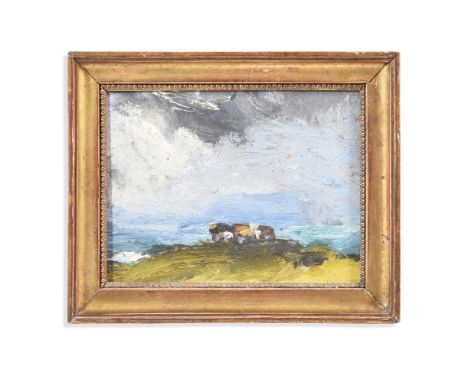 MELITA DENARO (IRISH B. 1950) CATTLE GRAZING ON THE WINDY CLIFF  Oil on panel  18 x 23cm (7 x 9 in.)Whether Melita Denaro is 