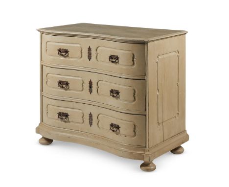A FRENCH GREY PAINTED SERPENTINE COMMODE  19TH CENTURY   One side with floral carved panel, the back stamped '5 / 5' in a shi