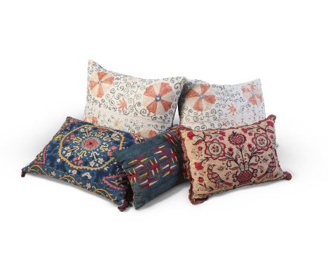A GROUP OF FIVE CUSHIONS COMPRISING A KAITAG EMBROIDERED CUSHION CAUCASUS, 17TH/18TH CENTURY With applied silk and metal thre