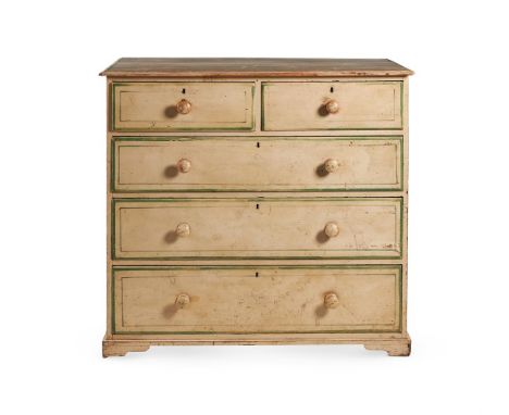 A LATE GEORGE III PAINTED CHEST OF DRAWERS  EARLY 19TH CENTURY  Cream painted with green borders 102cm high, 112cm wide, 54.5