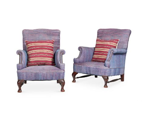 A PAIR OF EDWARDIAN MAHOGANY ARMCHAIRS  CIRCA 1910  Upholstered with indigo and red stripe woven cloth 92cm high, 75cm wide, 