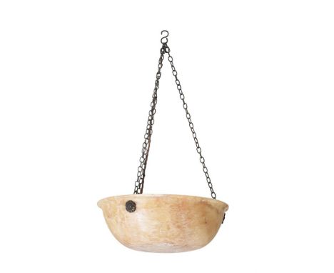 AN ALABASTER PENDANT DISH CEILING LIGHT  BY ROBERT KIME LTD  The bowl 11cm high, 33cm diameter, overall 65cm high        Cond