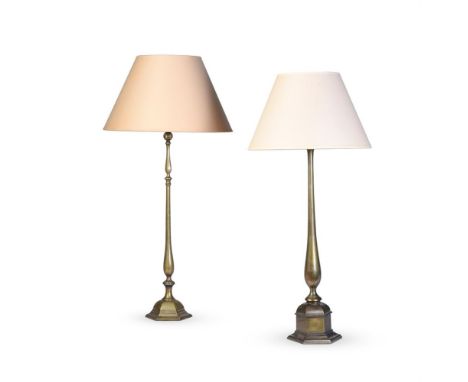 A POLISHED BRASS TABLE LAMP  CIRCA 1900-1920  Later electrical fitting to flattened ball top, facetted and turned stem, hexag