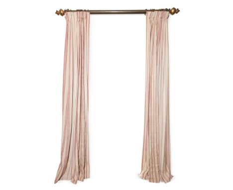 TWO PAIR OF NATURAL AND RED STRIPE WOVEN LINEN CURTAINS FRENCH, 20TH CENTURY Unlined each panel 297cm long, 198cm wide  Condi