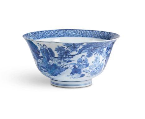 A BLUE AND WHITE BOWL CHINESE, KANGXI (1662-1722)  Painted with scholars and attendants  19cm diameter  Condition Report:  ha