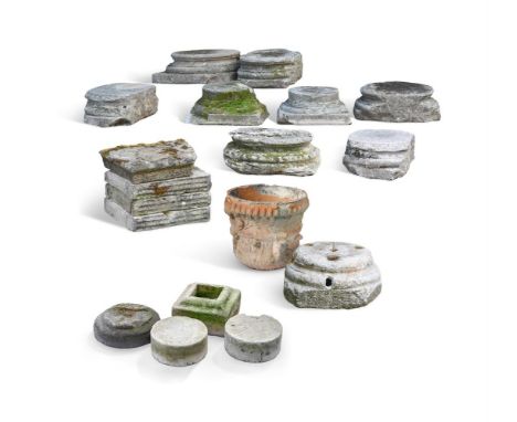 WEATHERED ARCHITECTURAL STONE FRAGMENTS TO INCLUDE: EIGHT CARVED STONE AND GRANITE PLINTHS 13TH CENTURY AND LATER  61cm wide 