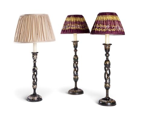 A PAIR OF KASHMIRI POLYCHROME LAMPS  LATE 19TH CENTURY  Of open barleytwist form, with fabric shades  81cm high to top of exi