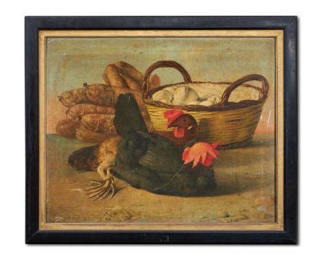FRENCH SCHOOL (18TH CENTURY) TWO COCKERELS, A BASKET OF EGGS AND SOME SAUCISSON ON A LEDGE   Oil on canvas 50 x 60cm (19½ x 2
