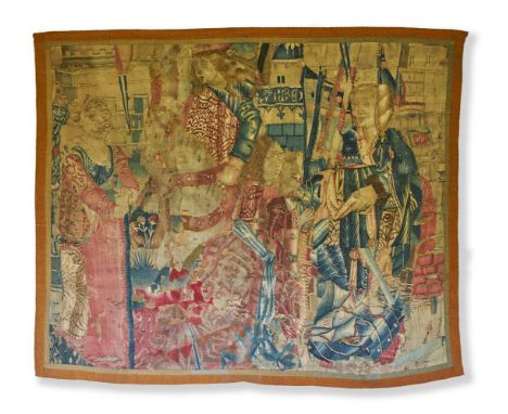 A FRENCH TAPESTRY FRAGMENT   EARLY 16TH CENTURY  Depicting a courtly figure on horseback and attendant figures, a castle beyo