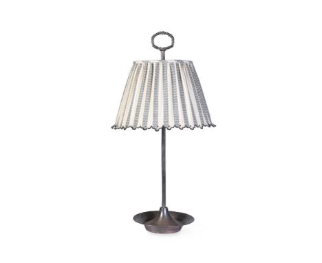 A SILVER PLATED TWIN LIGHT TABLE LAMP  EARLY 20TH CENTURY  Leaf scroll handle above lights beneath black and cream fabric sha