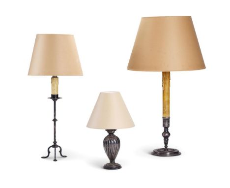 A SILVER PLATED TABLE LAMP  LATE 19TH CENTURY with a faux candle column  77.5cm high to top of existing card shade  Together 