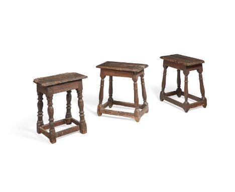 THREE CHARLES II OAK JOINED STOOLS LATE 17TH CENTURY The largest 53cm high, 50cm wide, 27cm deep     Condition Report:  All w