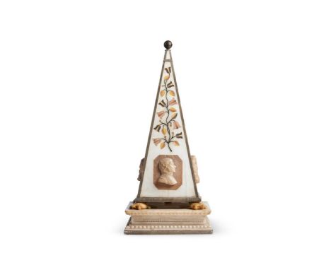 AN INLAID ALABASTER PYRAMID 'MIRACLE' LAMP  SPANISH OR ITALIAN, LATE 19TH CENTURY With trailing floral inlay above carved pro