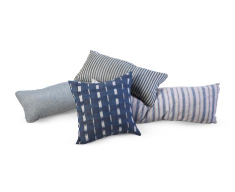 A BLUE AND WHITE BASKET WEAVE CUSHION  EARLY 20TH CENTURY  108cm x 30cm   Together with two stripe woven linen cushions first