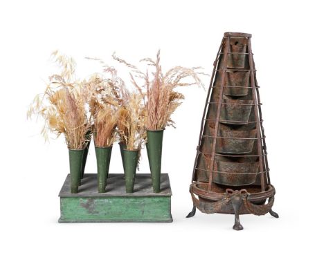 A GREEN TOLE PEINTE FLOWER HOLDER OR TULIPIERE  PROBABLY FRENCH OR DUTCH, 19TH CENTURY Of tiered tapering form with remnants 