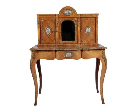 ~ A French Louis XV Style Tulipwood, Kingwood, Burr Walnut and Gilt Metal Mounted Bonheur de Jour, late 19th century, the dom