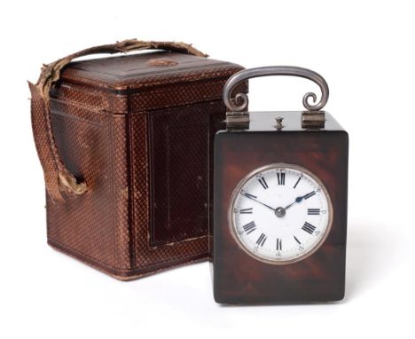 ^ A Small Tortoiseshell Petite Sonnerie Repeating Alarm Carriage Clock, circa 1900, white metal carrying handle and repeat bu