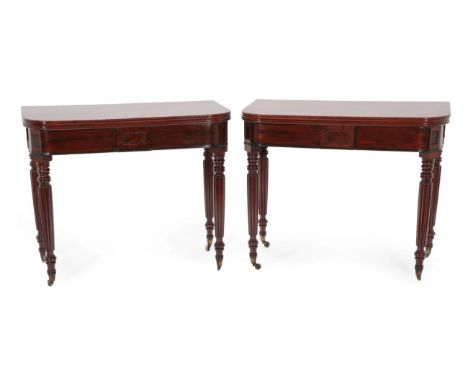 A Pair of Mahogany Foldover Tea Tables, in the manner of Gillows, early 19th century, of D shape form, the plain frieze centr