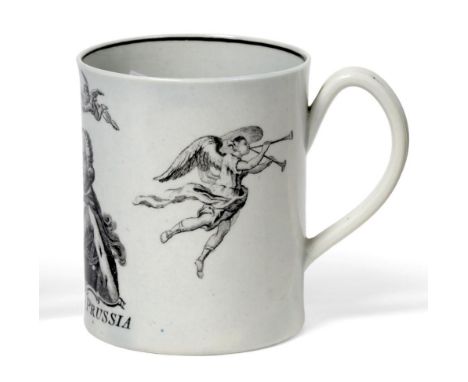 A Worcester Porcelain Cylindrical Mug, circa 1757, printed in black with the King of Prussia No.2 pattern dated 1757, and wit