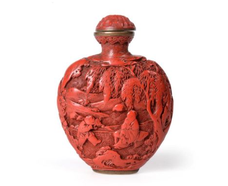 A Chinese Cinnabar Lacquer Snuff Bottle and Stopper, probably Suzhou, 1740-1800, of flattened ovoid form carved with figures 