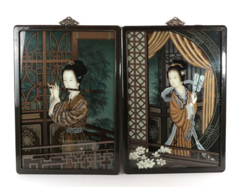 Chinese School (late Qing Dynasty): A Pair of Reverse Paintings on Glass, depicting beauties, one playing the flute, the othe