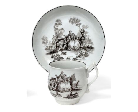 A Worcester Porcelain Bell Shaped Cup and Saucer, circa 1760, with wishbone handle, printed in black with the L'Amour pattern