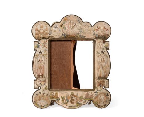 A Needle and Stumpwork Mirror Frame, mid 17th century, of lobed rectangular form, worked with portraits of Charles I and Quee