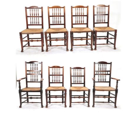 Six Ash and Rush-Seated Dining Chairs, Lancashire/Cheshire Region, early 19th century, with double spindle back supports and 