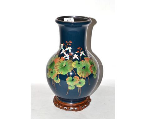 A Japanese Cloisonné Enamel Vase, by the Ando Jubei Company, 20th century, of baluster form, decorated with foliage on a dark