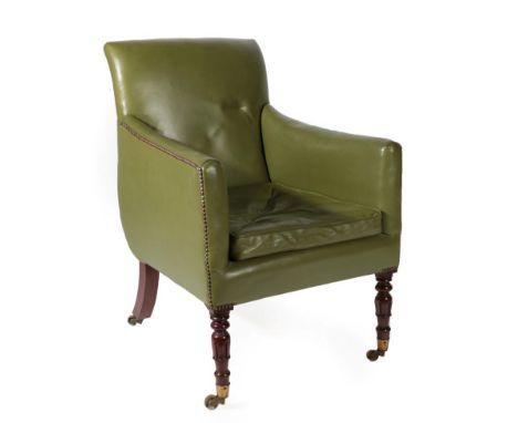 ^ A Victorian Mahogany Library Chair, mid 19th century, recovered in close-nailed green leather with buttoned squab cushion, 