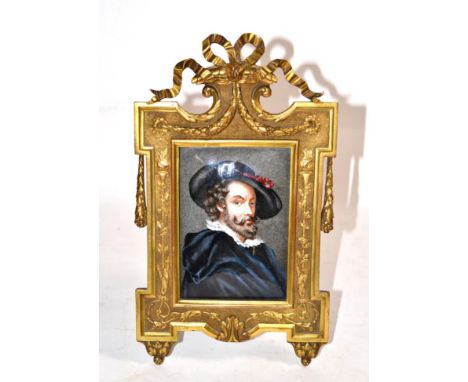 ~ An Enamel Plaque, late 19th century, of rectangular form, painted with a bust portrait of a 17th century gentleman, 14cm by