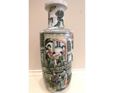 A Chinese Porcelain Rouleau Vase, painted in famille verte enamels with dignitaries and courtiers within formal panel borders