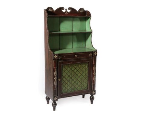 ~ A Regency Simulated Rosewood and Green Painted Chiffonier, early 19th century, the waterfall bookcase top above a long frie