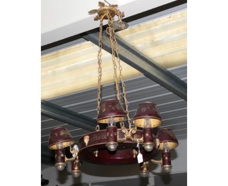 ~ A Regency Style Red Painted Toleware Six-Light Electrolier, with gilt decoration, 64cm