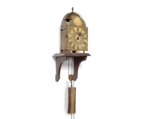 A Brass Lantern Form Hook and Spike Striking Wall Clock, signed Thos Chilton, London, circa 1730, lantern form case with pier