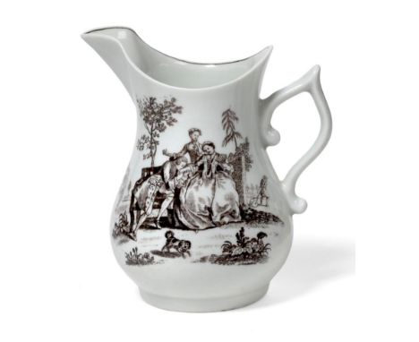 A Worcester Porcelain Pear Shaped Cream Jug, circa 1756, with wishbone handle, printed in black with the L'Amour pattern, the